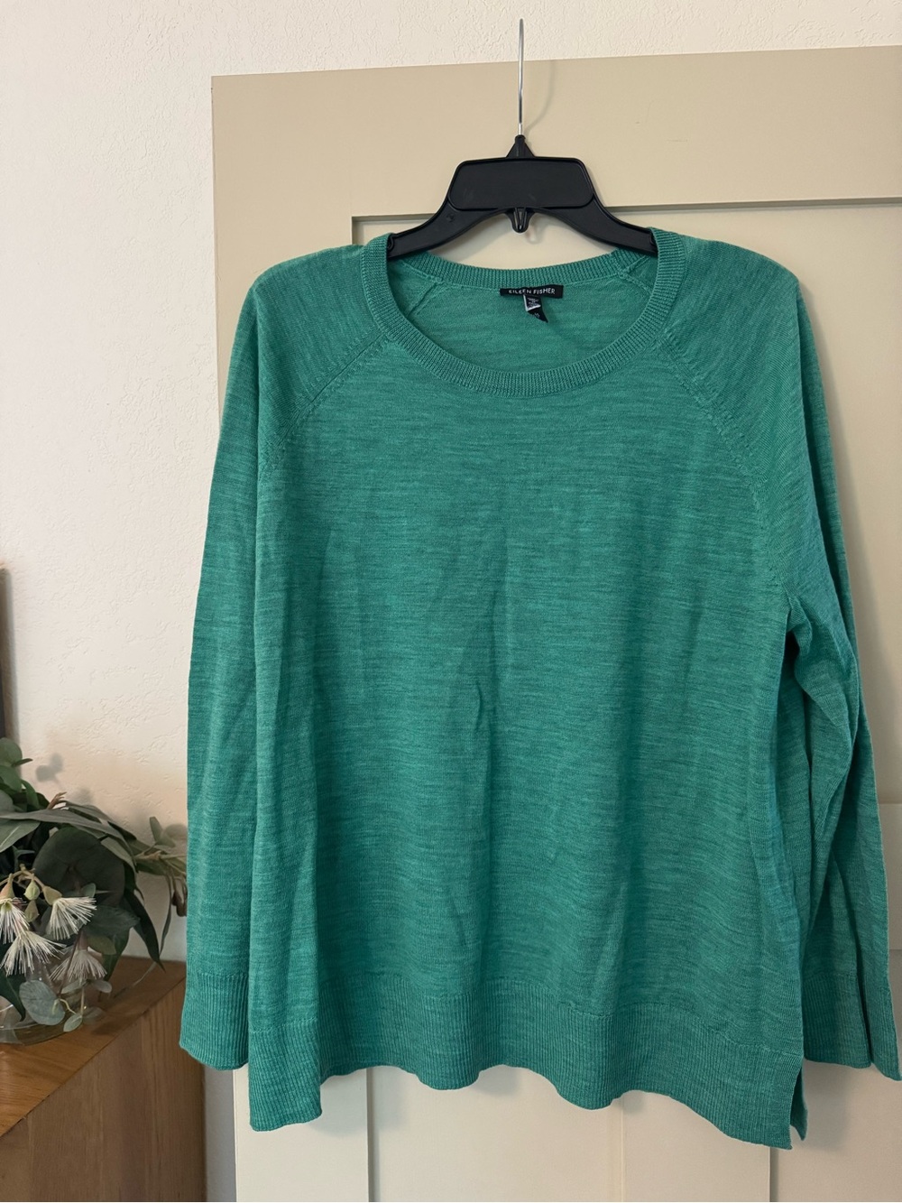 Eileen Fisher L Green Super Fine Merino Wool Long Sleeve Sweater Top Shirt